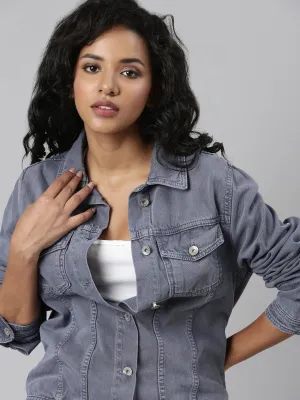 Women's Grey Spread Collar Denim Jacket Windproof Hood Shock Absorbent Padding