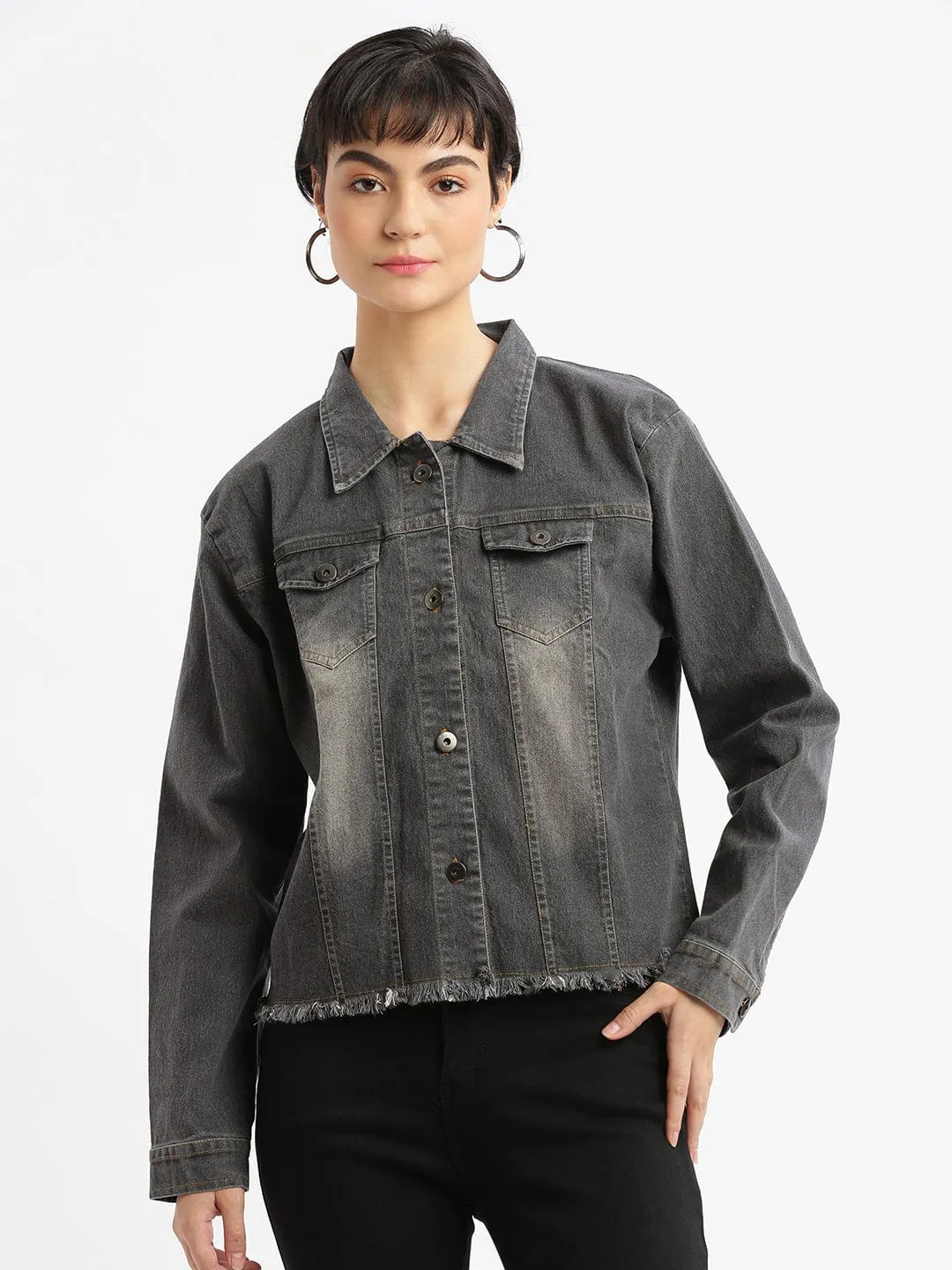 Tailored Cut Style Women's Grey Washed Windcheater Crop Denim Jacket