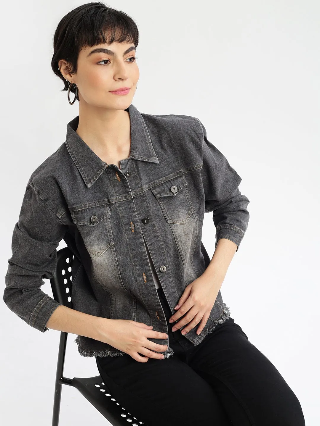 Women's Grey Washed Windcheater Crop Denim Jacket Non Restrictive Silhouette