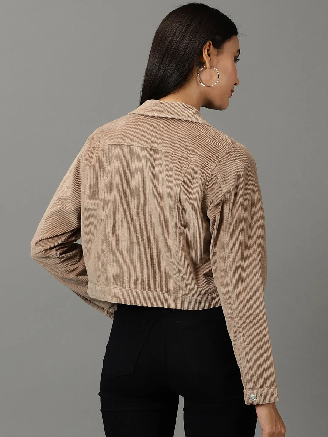 Women's Khaki Corduroy Crop Tailored Jacket Button Fastenings Low Profile Collar Design