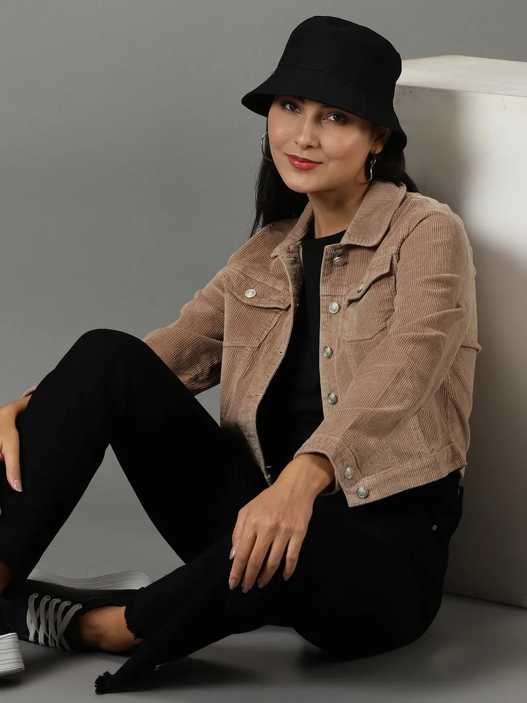 Collapsible Packable Design Women's Khaki Corduroy Crop Tailored Jacket