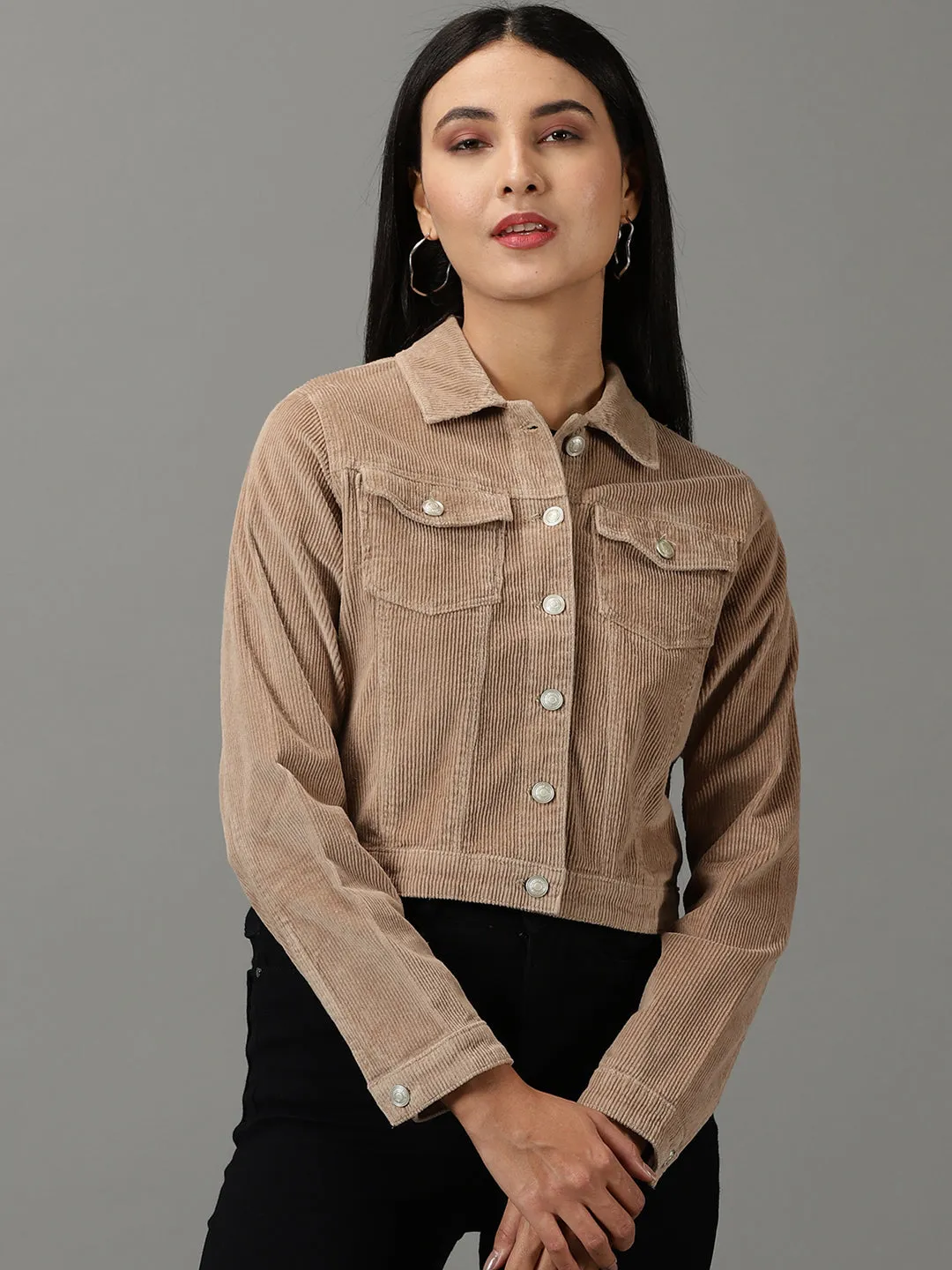 OdorResistantTreatment UV Block Women's Khaki Corduroy Crop Tailored Jacket