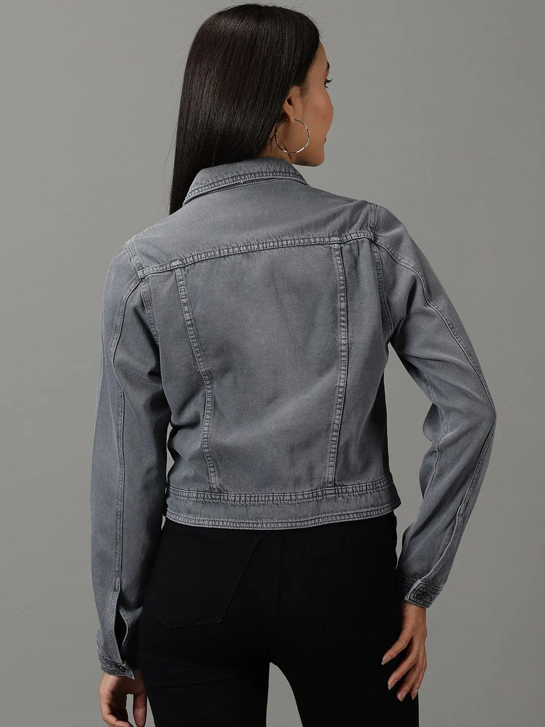 Women's Light Grey Spread Collar Regular Denim Jacket Mild Weather