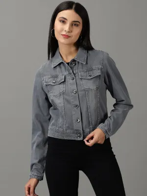 Women's Light Grey Spread Collar Regular Denim Jacket YKK Fasteners
