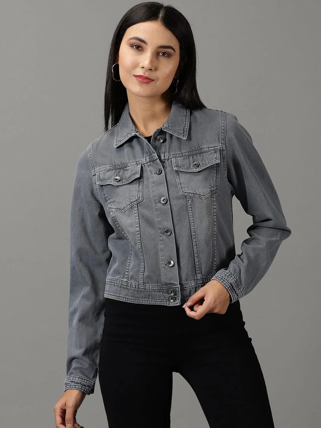 Women's Light Grey Spread Collar Regular Denim Jacket YKK Fasteners