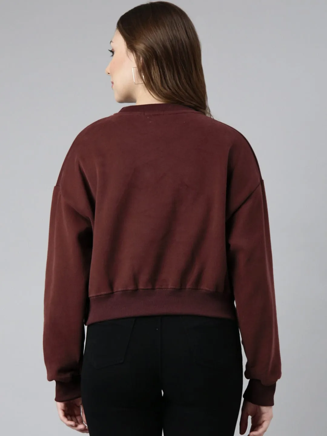 Women's Maroon Oversized Round Neck Sweatshirt Smooth Texture