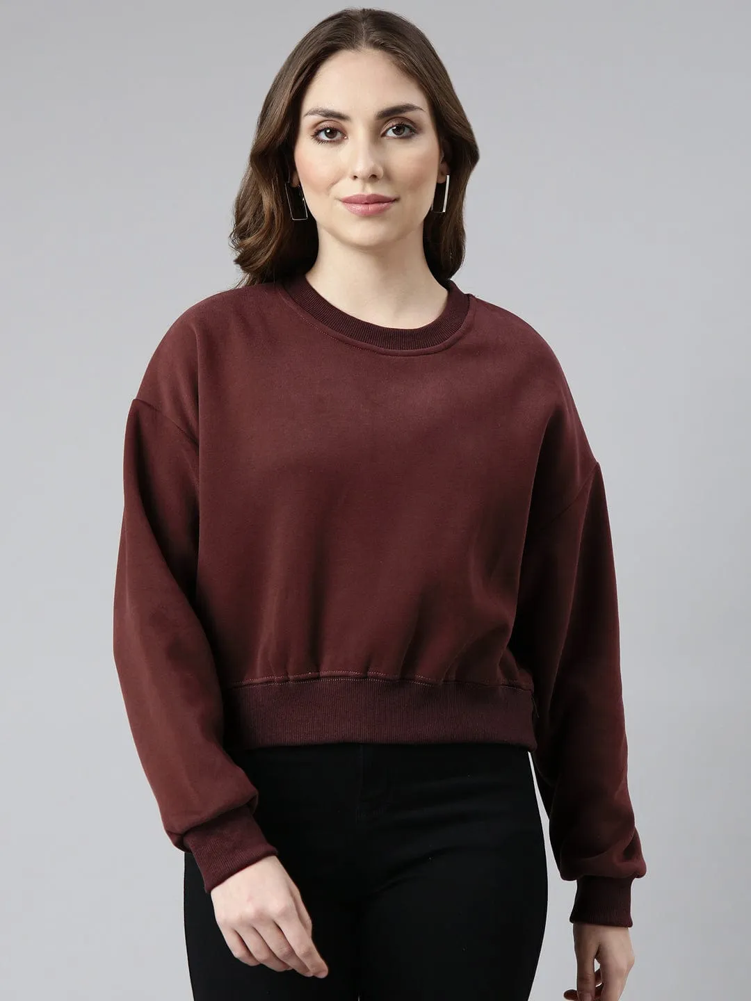 Women's Maroon Oversized Round Neck Sweatshirt Summer