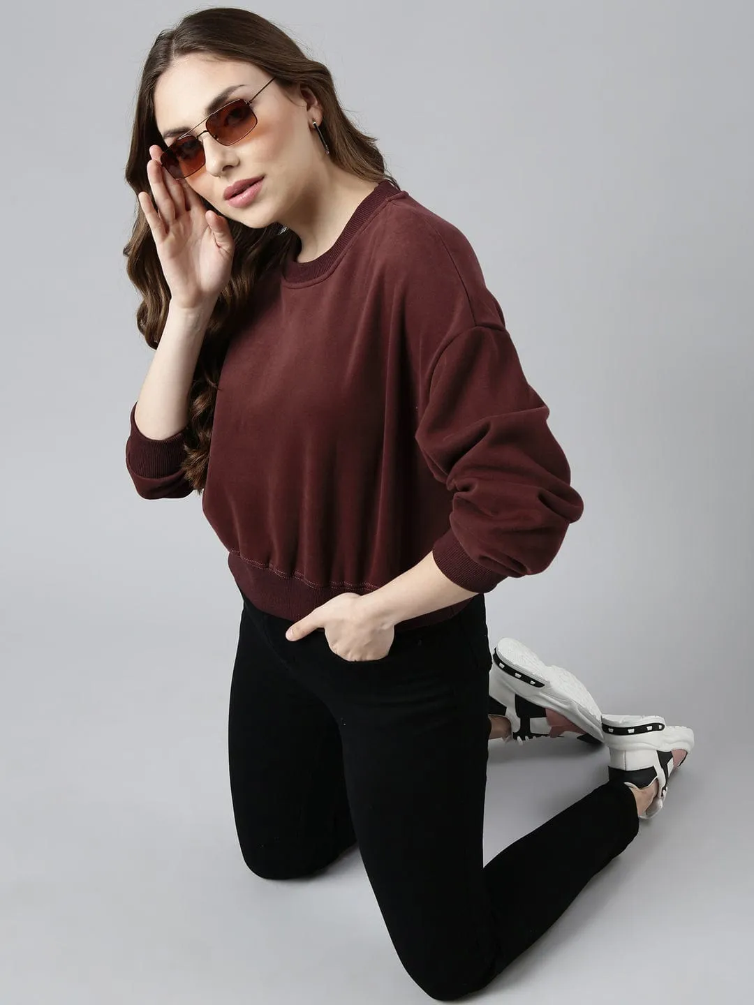 Light Color Chic Design Women's Maroon Oversized Round Neck Sweatshirt