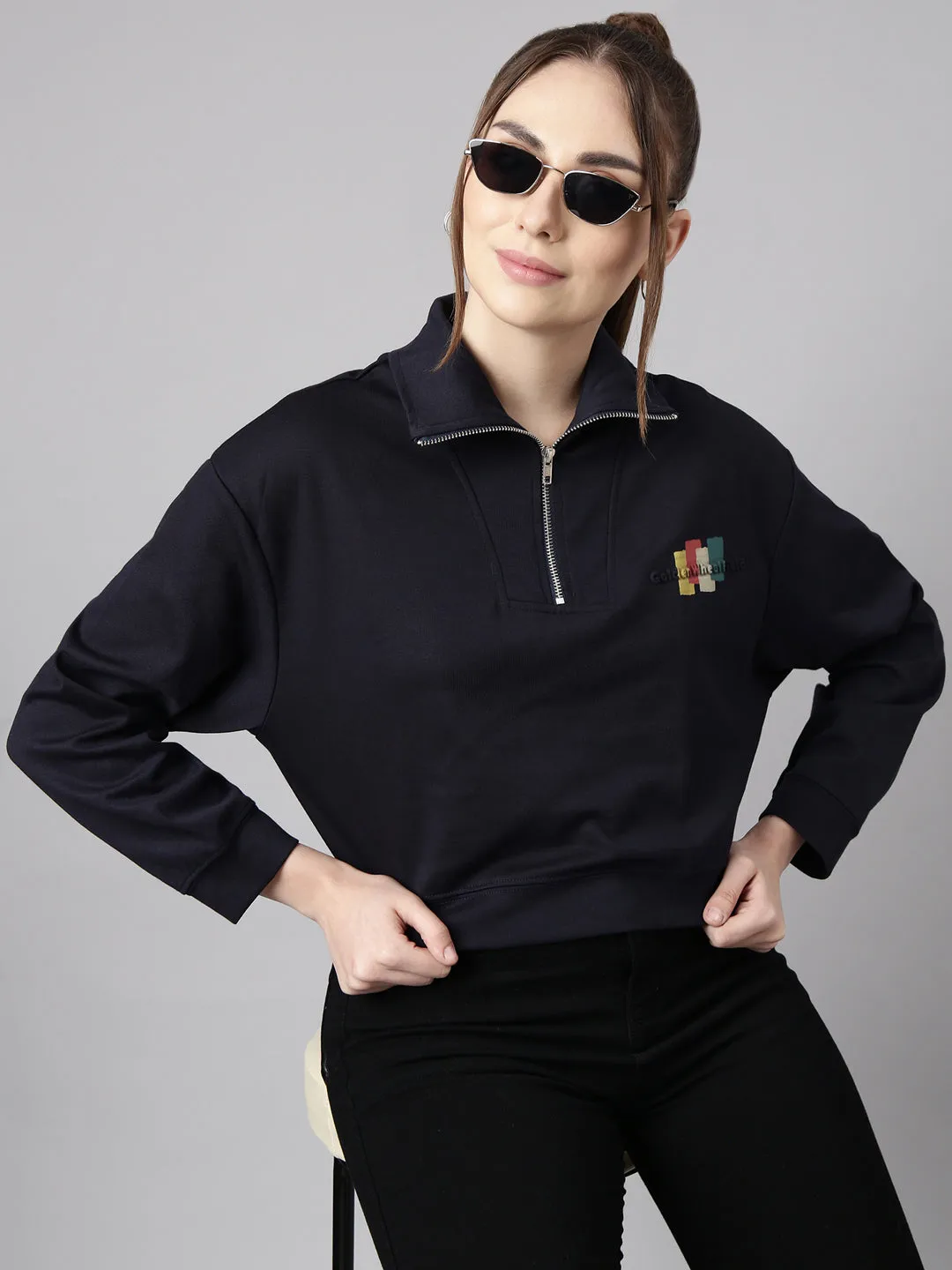 Women's Navy Blue Front Open Oversized Cotton Crop Sweatshirt product poplin smoothness Active Design