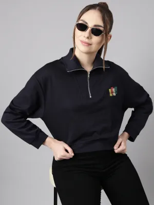 Women's Navy Blue Front Open Oversized Cotton Crop Sweatshirt product poplin smoothness Active Design