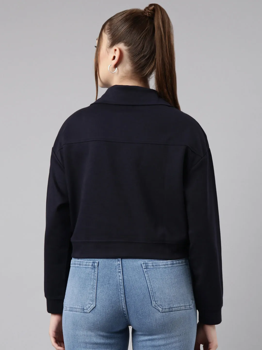 Women's Navy Blue Front Open Oversized Cotton Crop Sweatshirt Brunch Outfit Functional Features