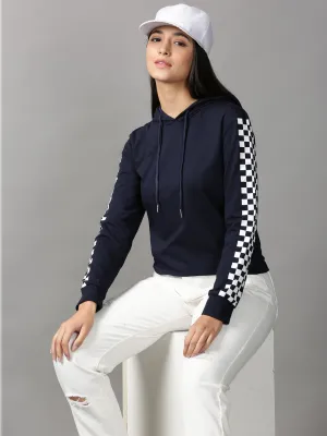 Women's Navy Blue Geometric Printed Hooded Pullover Sweatshirt non hooded product surfing suitable balance