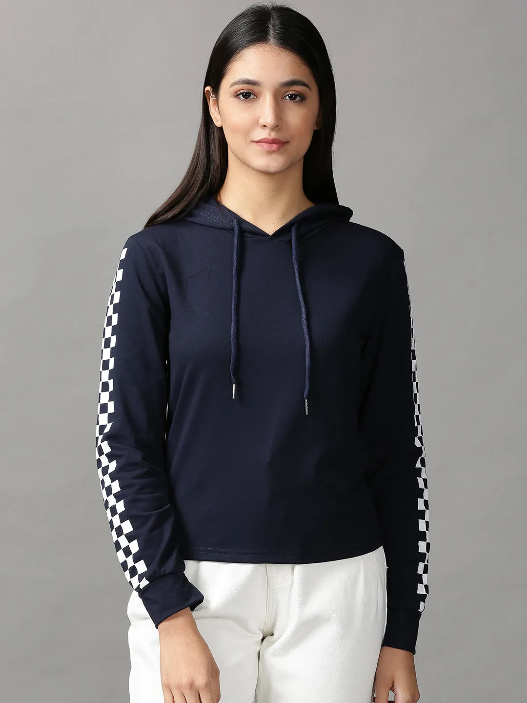 lace accents Core Minimal Women's Navy Blue Geometric Printed Hooded Pullover Sweatshirt