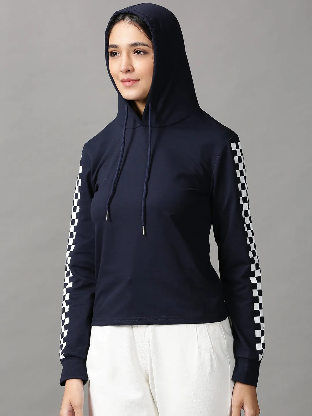 Active Wear Essential Relaxed Women's Navy Blue Geometric Printed Hooded Pullover Sweatshirt