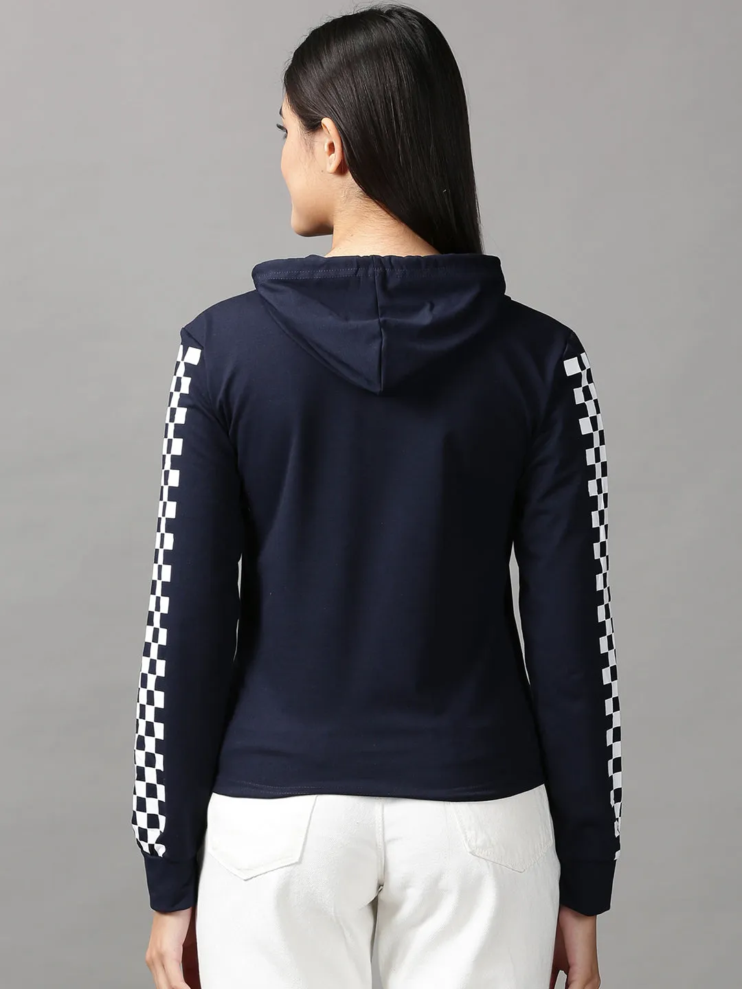 Women's Navy Blue Geometric Printed Hooded Pullover Sweatshirt Seasonal Trend
