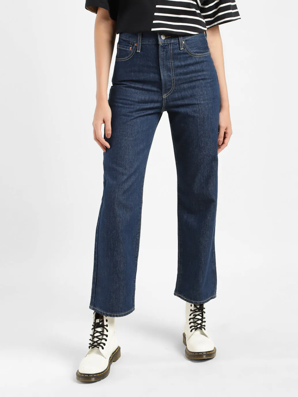 Women's Navy Blue Ribcage Straight Ankle Fit Mid Rise Jeans On The Go Couple Look Eco Friendly