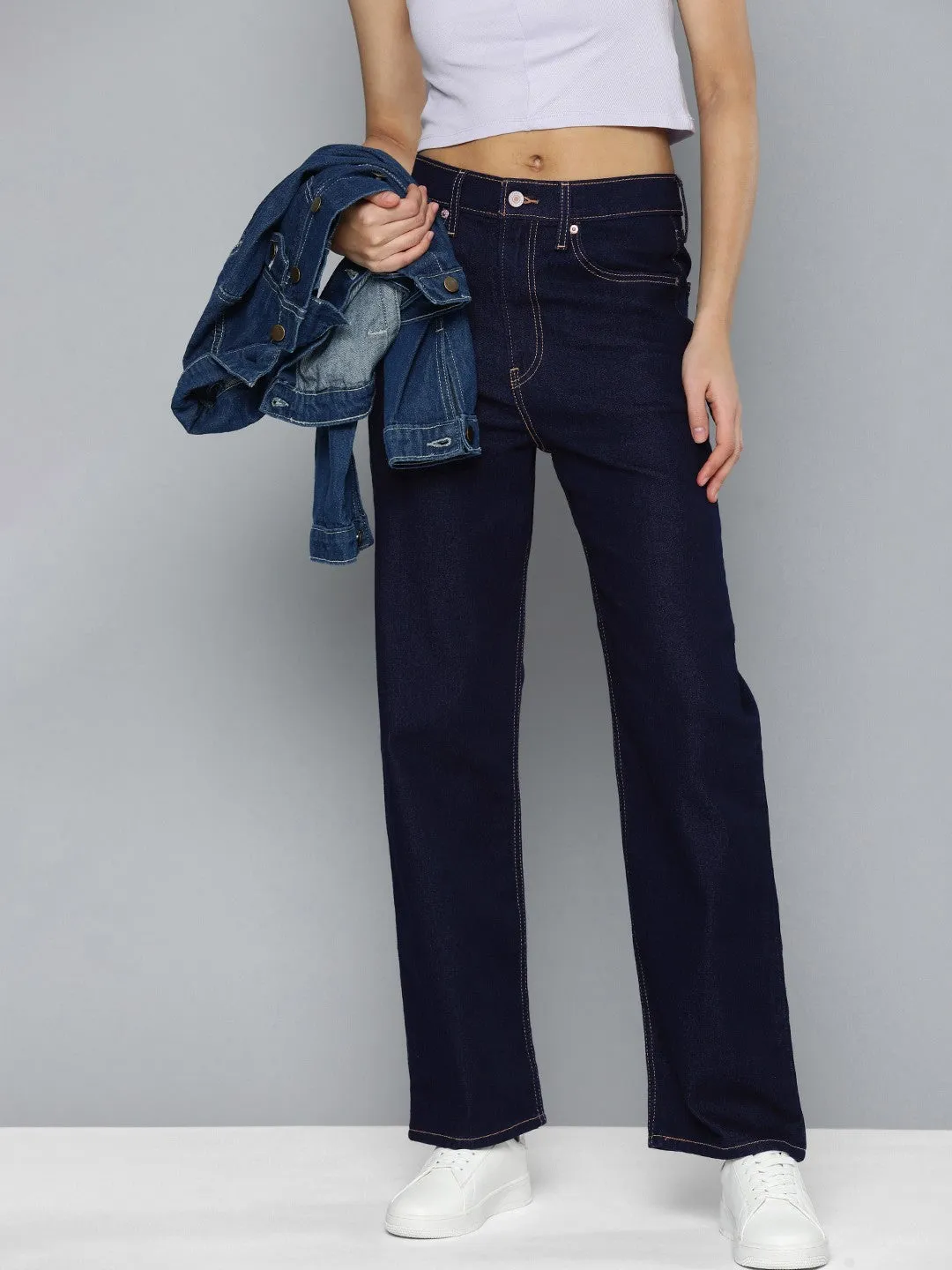 Women's Navy Blue Ribcage Straight Fit High Rise Jeans Streetwear Fan Evening Stroll Elegant Style Neutral