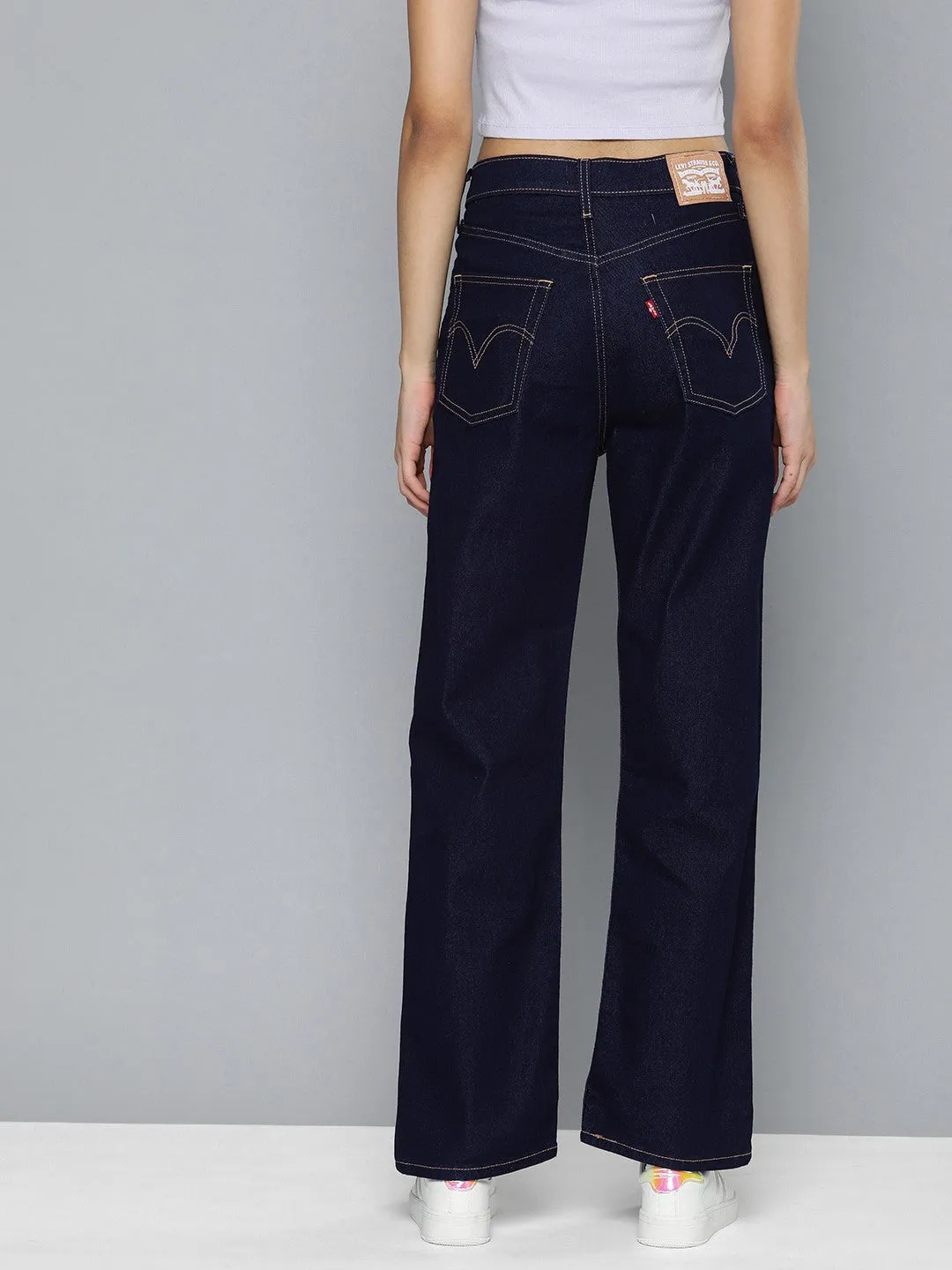 Women's Navy Blue Ribcage Straight Fit High Rise Jeans Stretch Enhanced Mobility