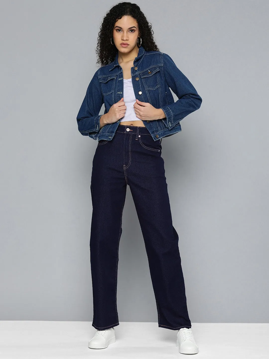 Women's Navy Blue Ribcage Straight Fit High Rise Jeans Formal Fashion Lover