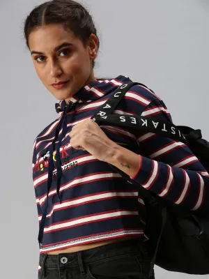 Women's Navy Blue Striped Hooded Crop Sweatshirt product eco friendly conscience product group cooperation