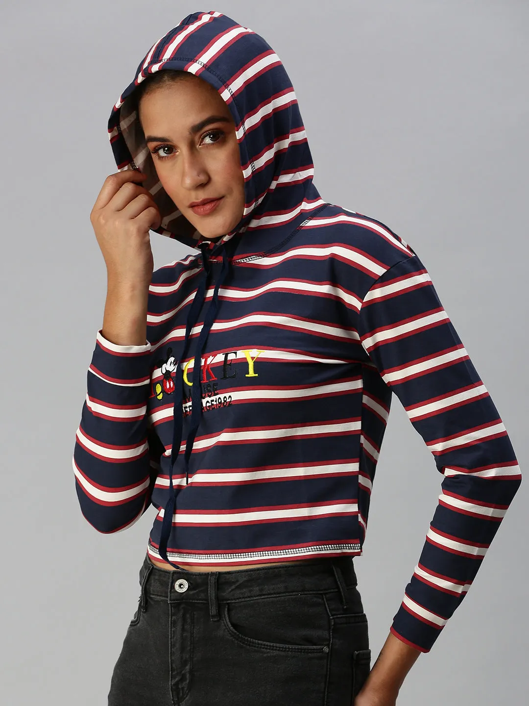 Soft Feel Women's Navy Blue Striped Hooded Crop Sweatshirt