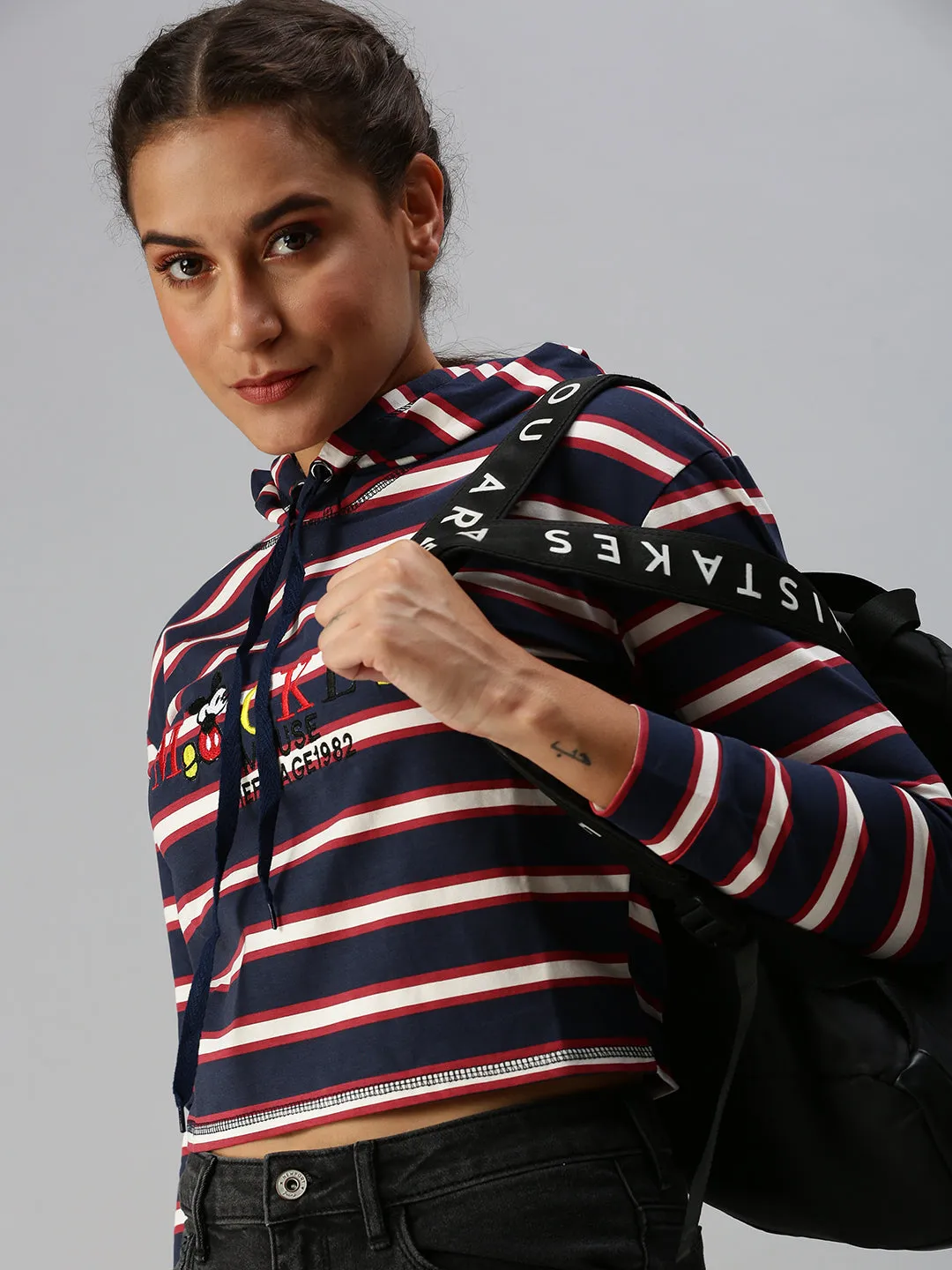 Women's Navy Blue Striped Hooded Crop Sweatshirt product eco friendly conscience product group cooperation