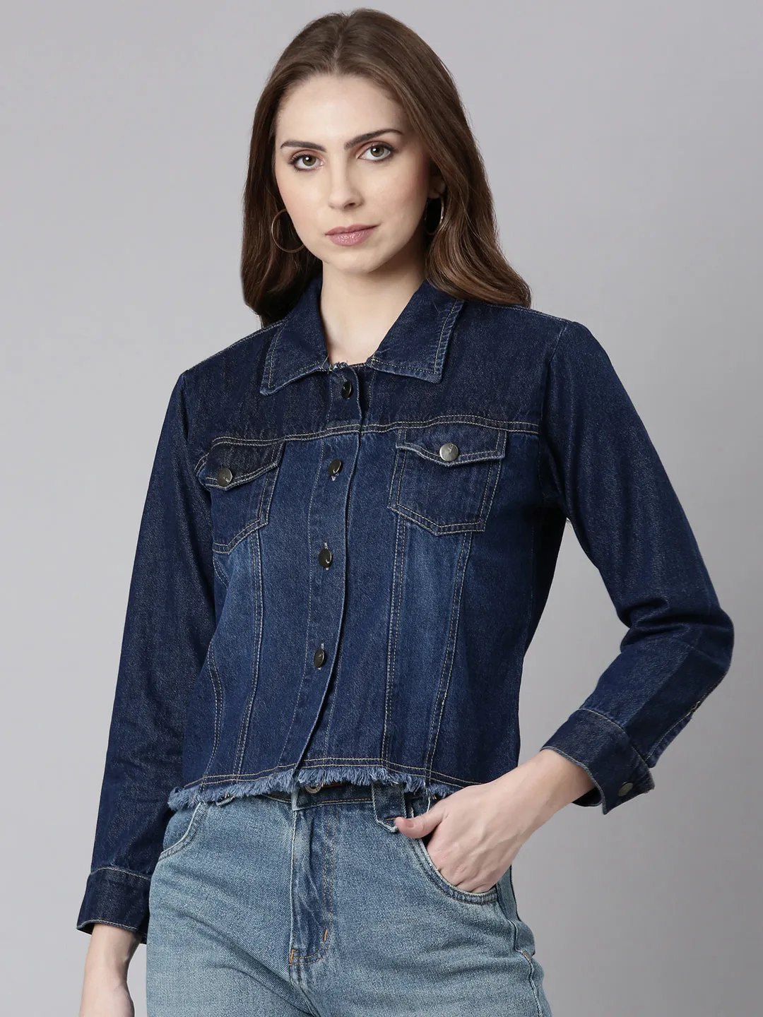 Women's Navy Blue Washed Cotton Denim Jacket ErgonomicCut Heavy Duty Buckle