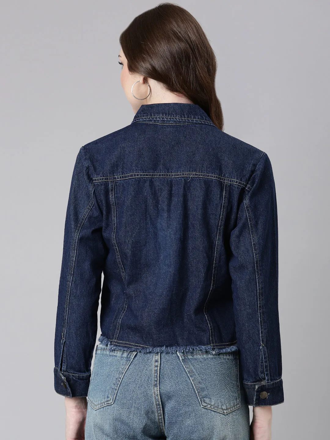 Aramid Fiber Blend BreathableLining Women's Navy Blue Washed Cotton Denim Jacket