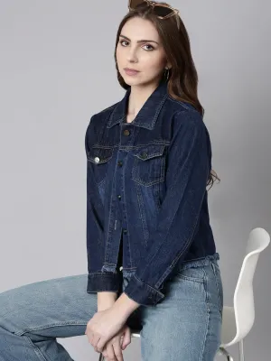 Layering Compatible Cut Women's Navy Blue Washed Cotton Denim Jacket