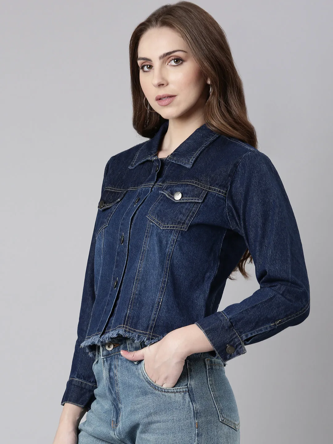Women's Navy Blue Washed Cotton Denim Jacket Cozy Fit