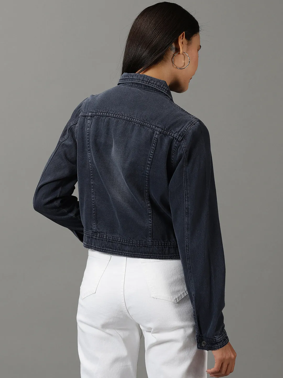 Anti Pilling Technology Women's Navy Blue Washed Crop Denim Jacket