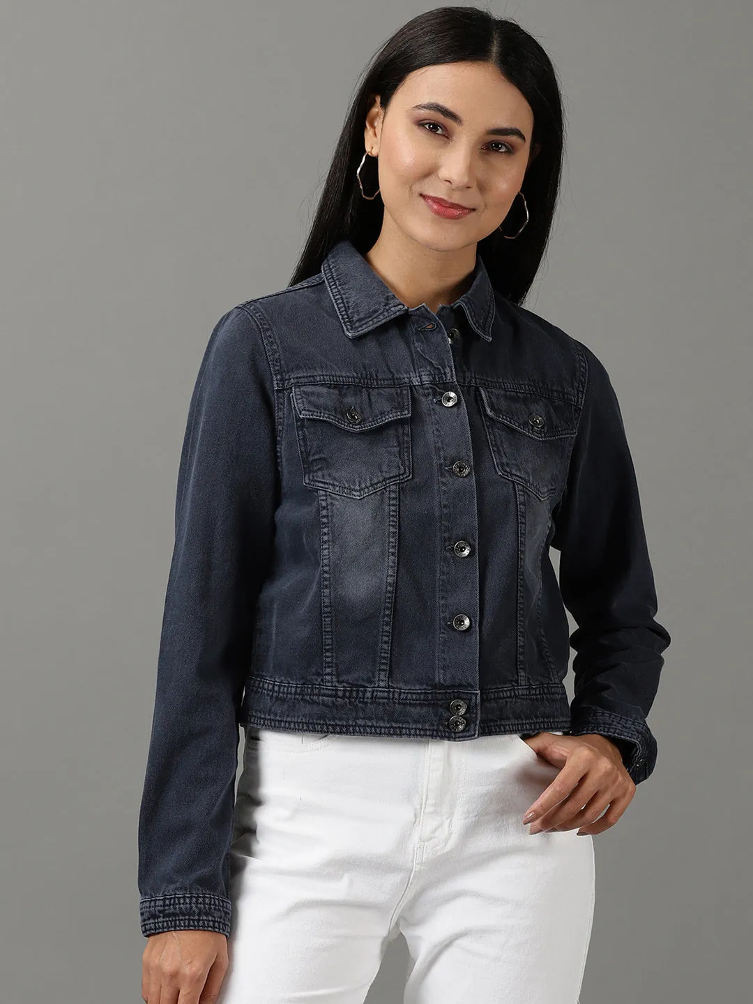 Women's Navy Blue Washed Crop Denim Jacket Two Tone Design
