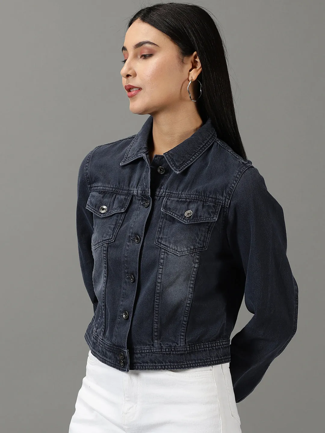 Anti Glare Trim Women's Navy Blue Washed Crop Denim Jacket