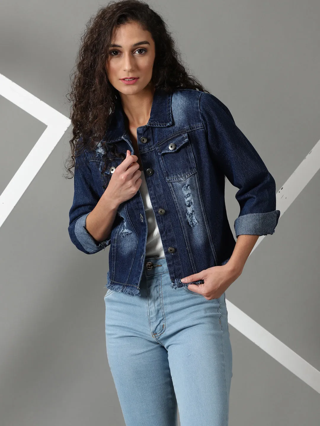 Women's Navy Blue Washed Denim Jacket Transitional Look