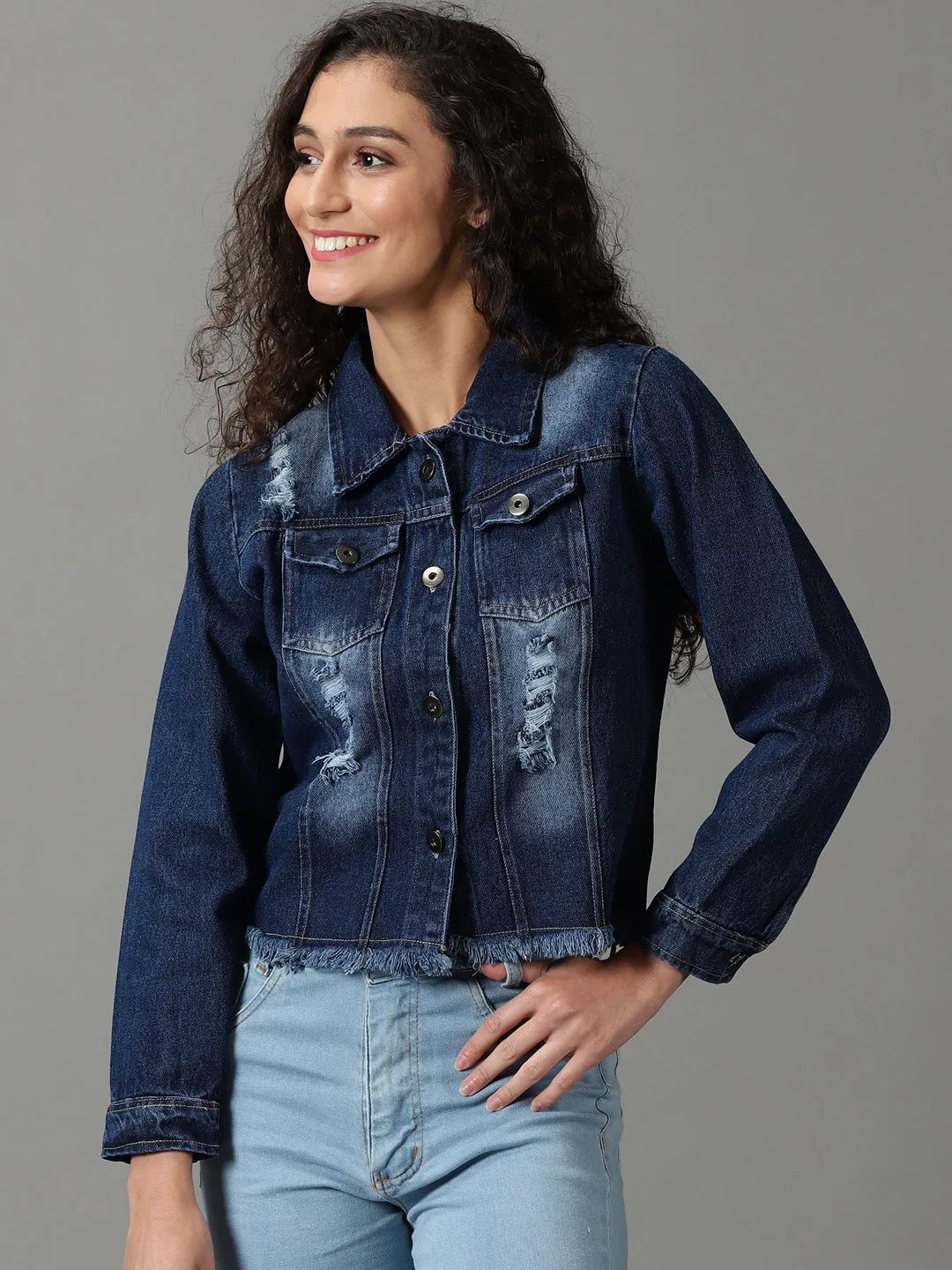 Stormproof Zipper Women's Navy Blue Washed Denim Jacket