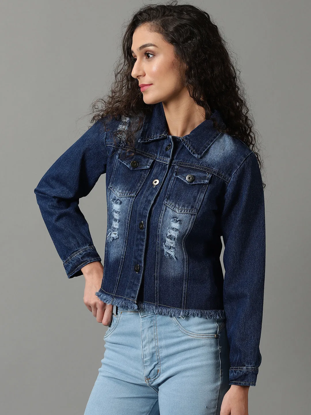 Women's Navy Blue Washed Denim Jacket Windbreaker Style Urban Outdoor Look