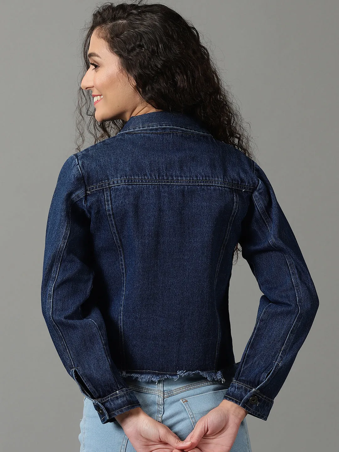 Women's Navy Blue Washed Denim Jacket Street Ready Single Buttons