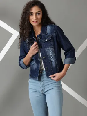 Women's Navy Blue Washed Denim Jacket Transitional Look