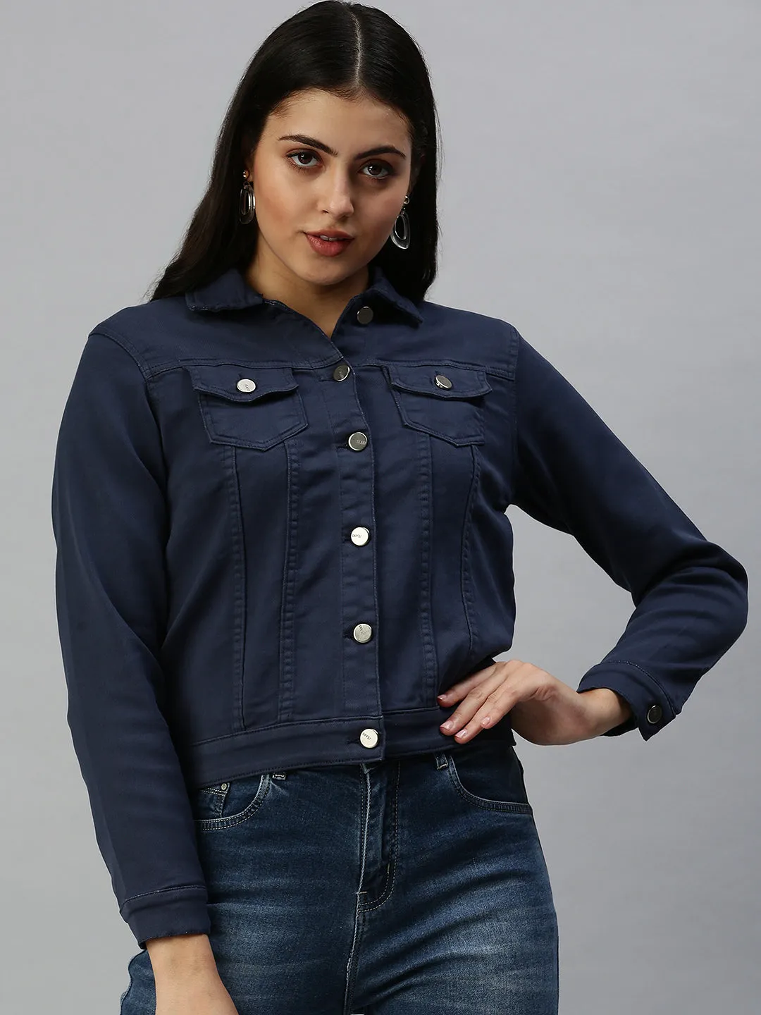Women's Navy Blue Washed Denim Jacket Erasable Stains Treatment Practical Cold Piece