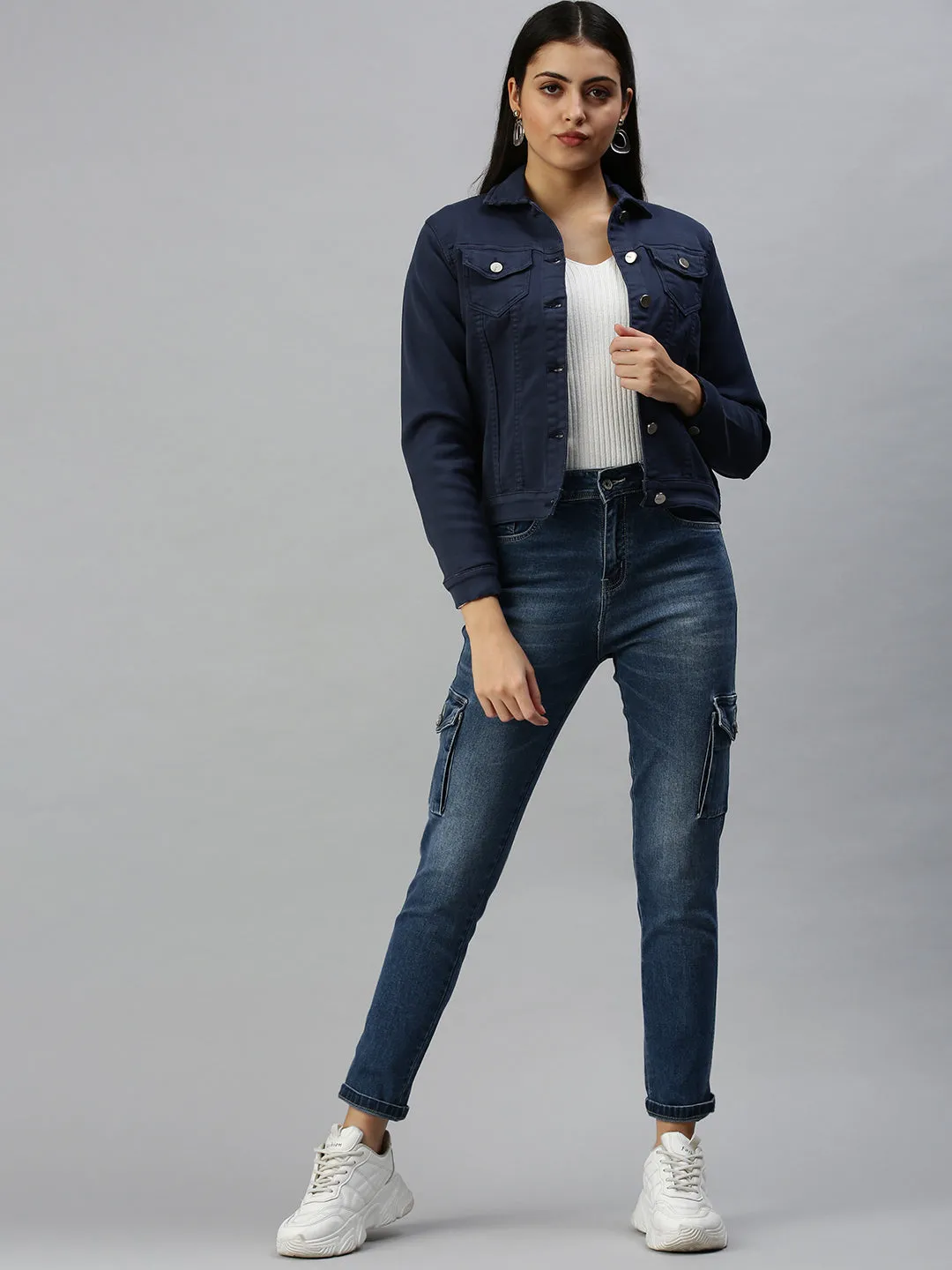 Odor Control Treatment All Season Performance Weave Women's Navy Blue Washed Denim Jacket