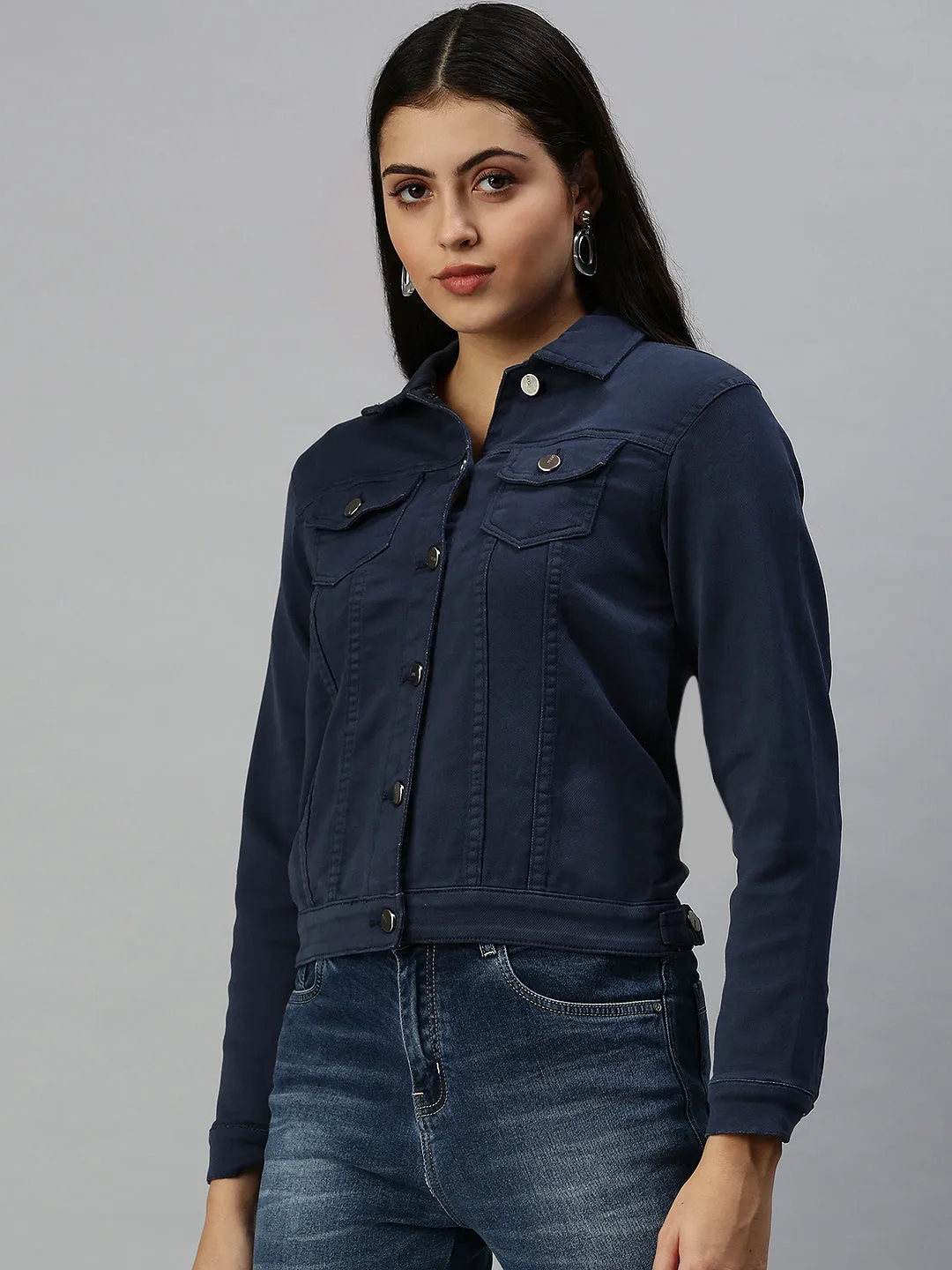Women's Navy Blue Washed Denim Jacket City Ready High Collar