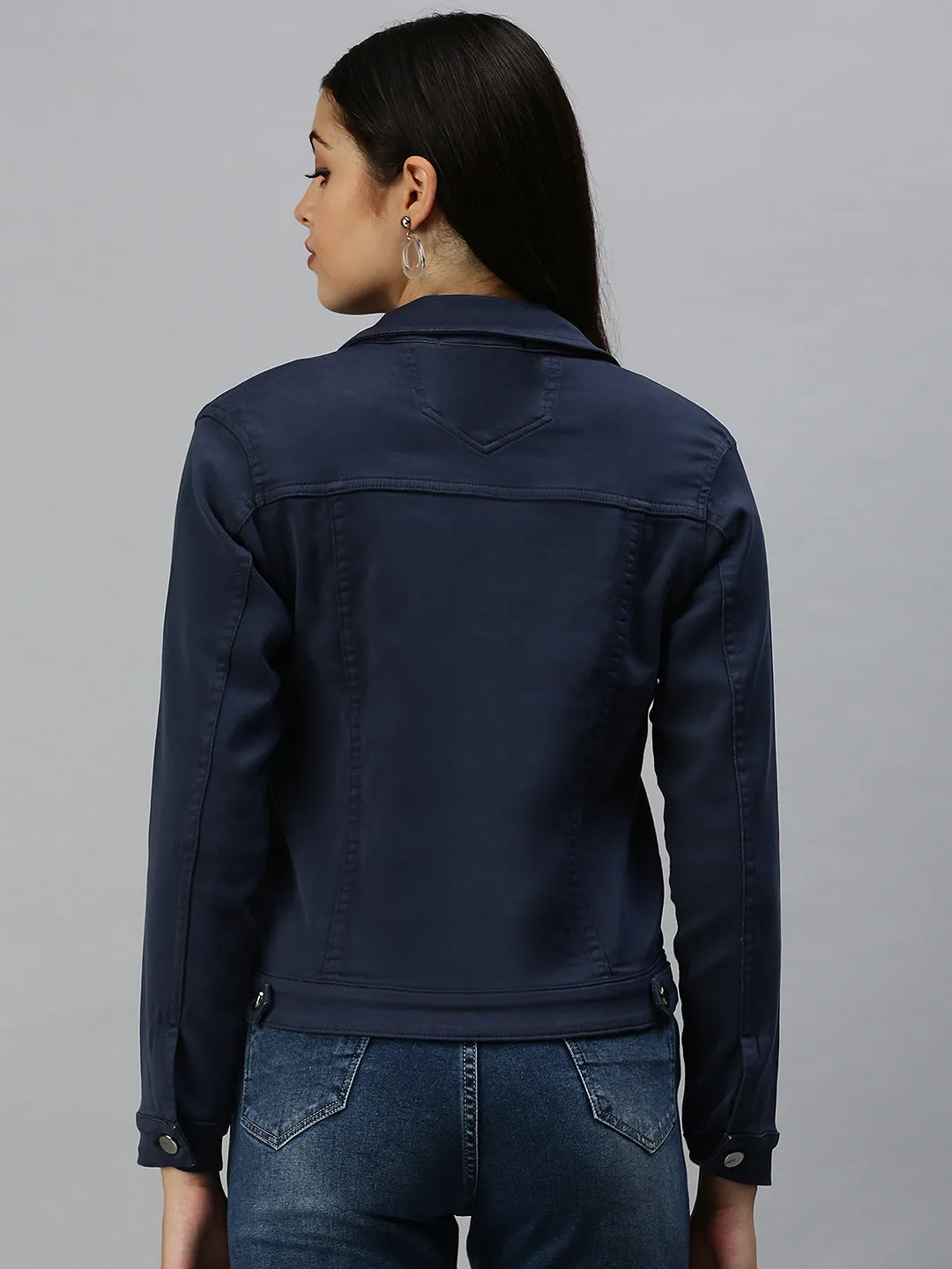 Women's Navy Blue Washed Denim Jacket Windproof Cuffs Clean Silhouette