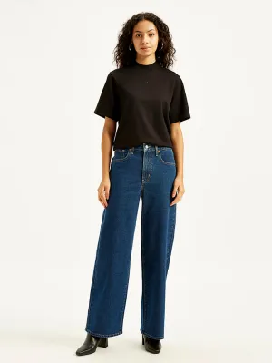 Classic Five Pocket Design Women's Navy Blue Wide Leg Fit High Rise Jeans