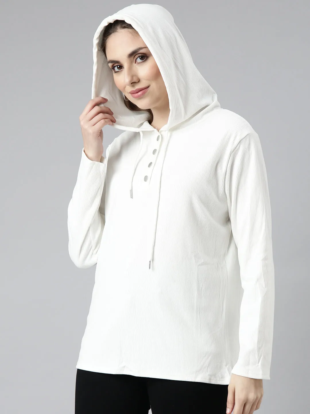 Convenient Running Top Women's Off White Hooded Shoulder Pullover Sweatshirt