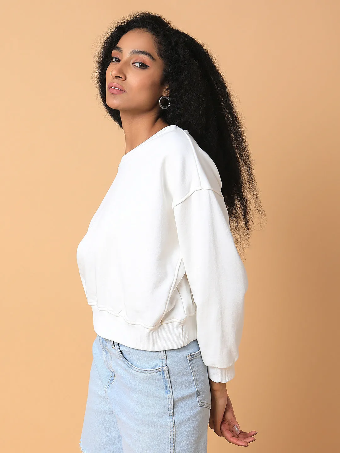 Women's Off White Solid Sweatshirt Streetwear Basics