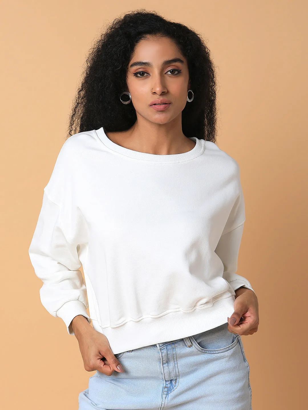 Bar Hopping Women's Off White Solid Sweatshirt