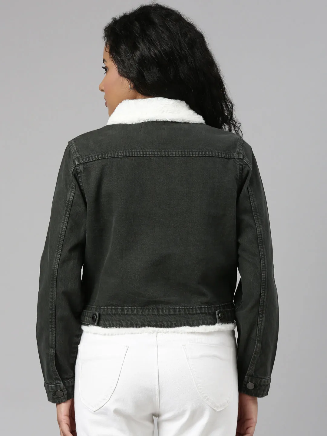 Women's Olive Crop Denim Jacket With Faux Fur Trim understated look