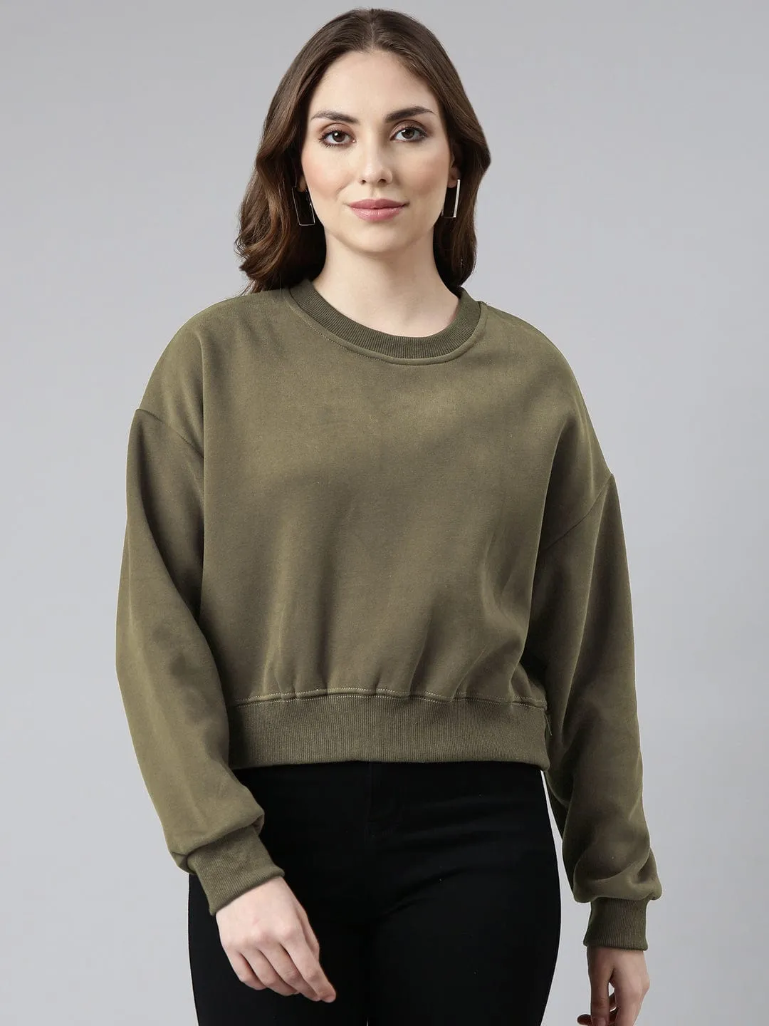 Women's Olive Oversized Round Neck Sweatshirt industry standard Side Pockets