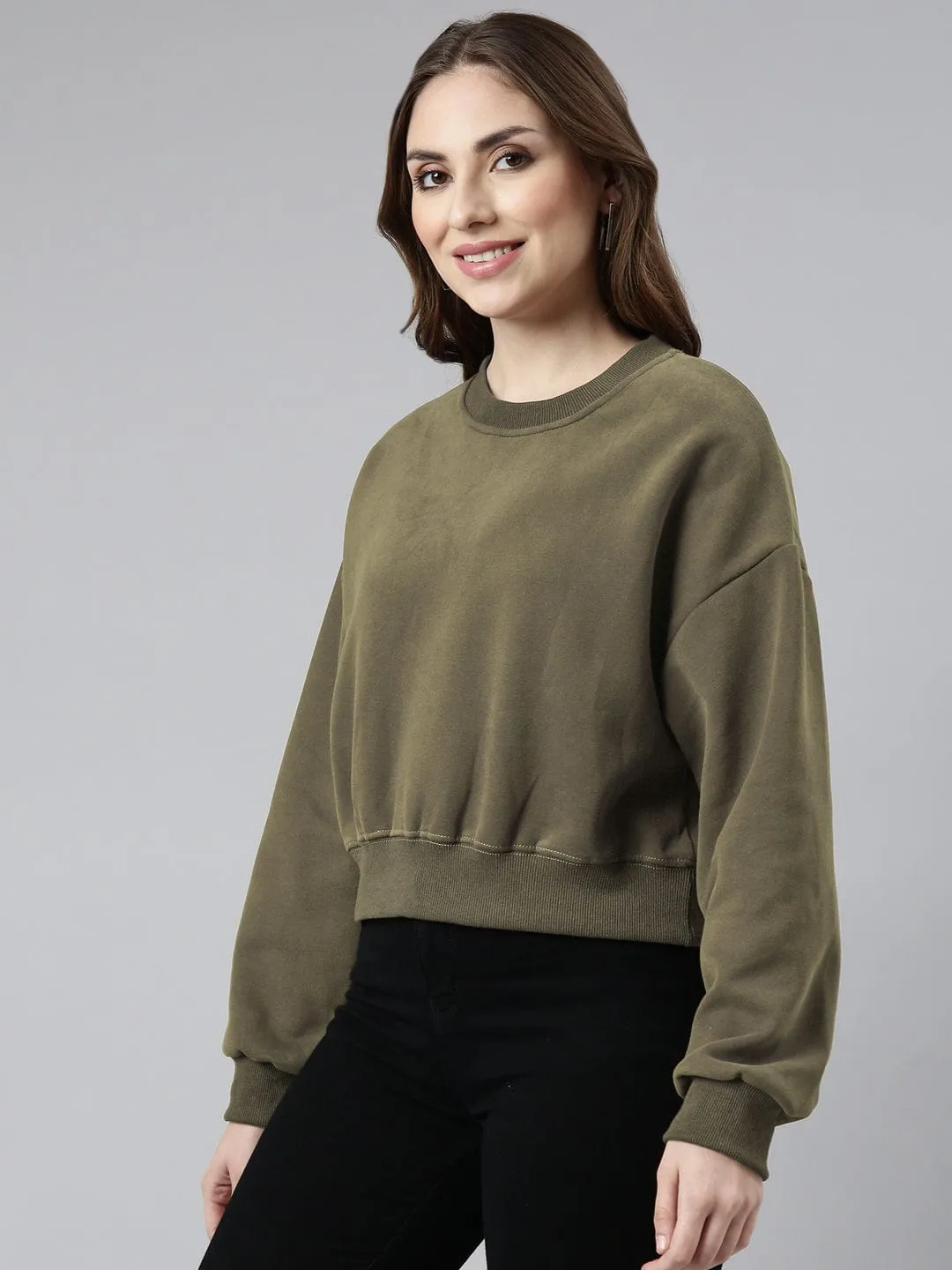 Women's Olive Oversized Round Neck Sweatshirt Simple Layer Indoor Wear