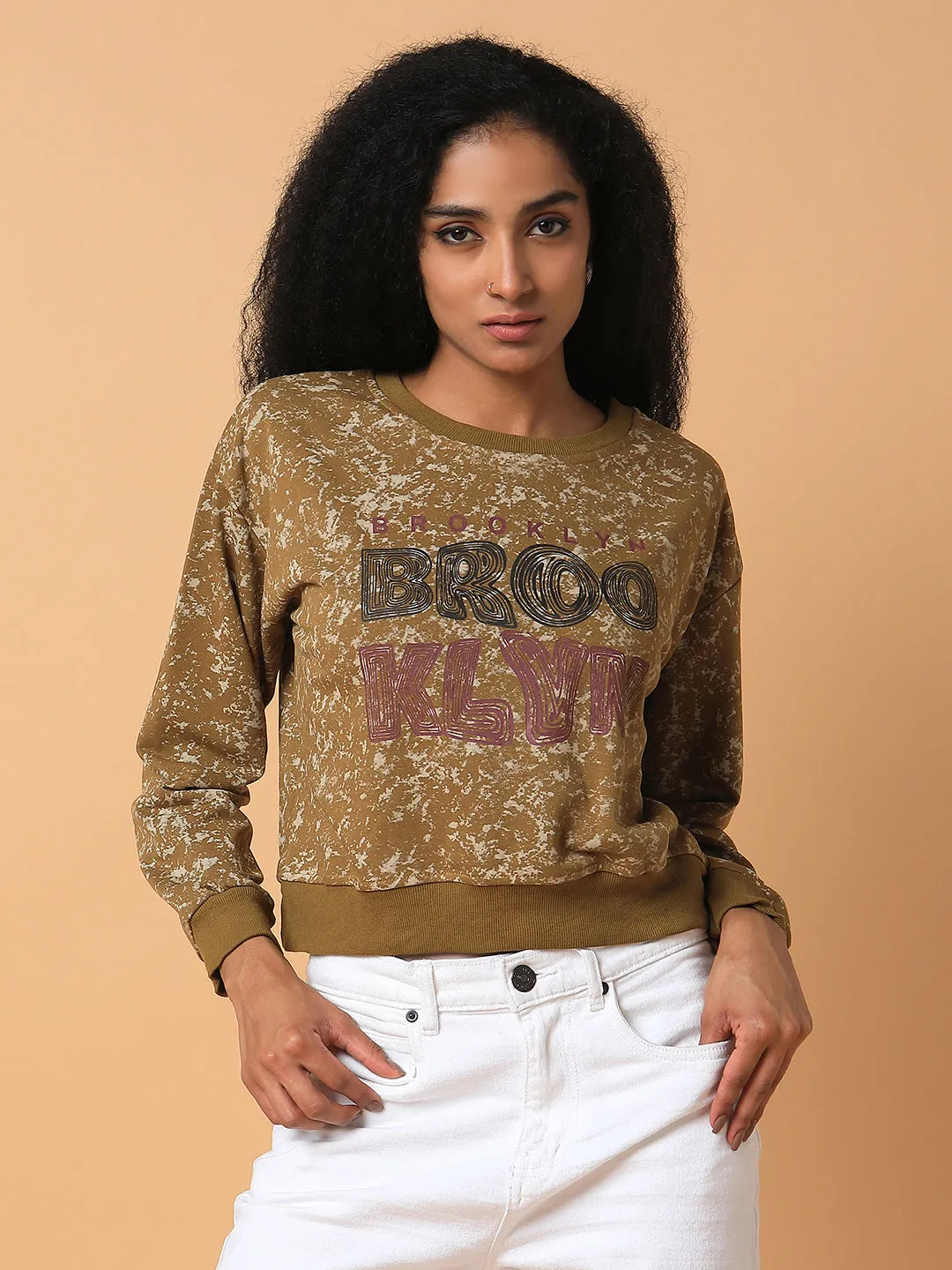 Women's Olive Printed Casual Sweatshirt product affordability Soft Texture